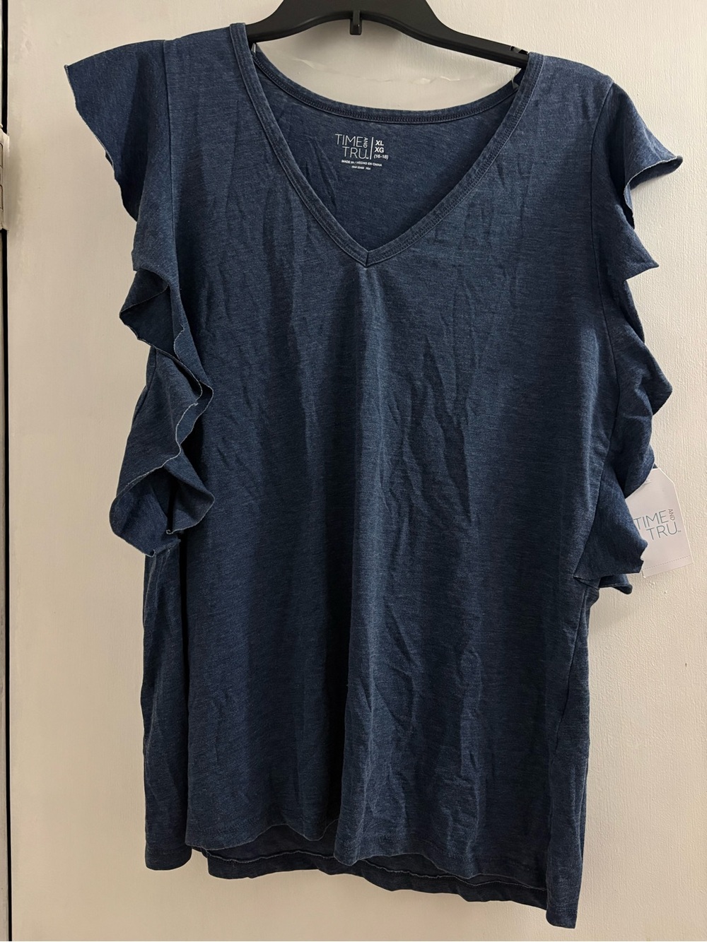 Time and Tru Navy V-Neck Ruffle Sleeve Tank Top